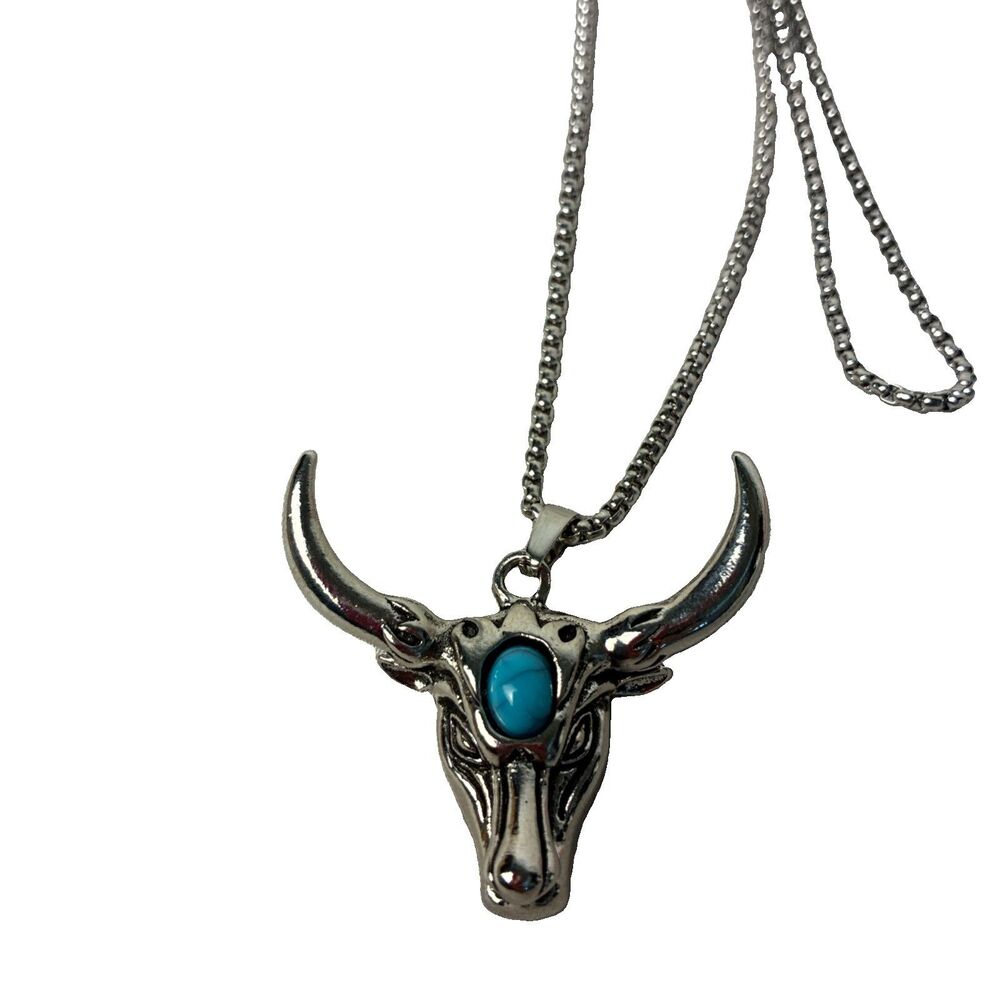 Western Longhorn Bull Skull Pendant Necklace Silver Tone Turquoise Style Stone